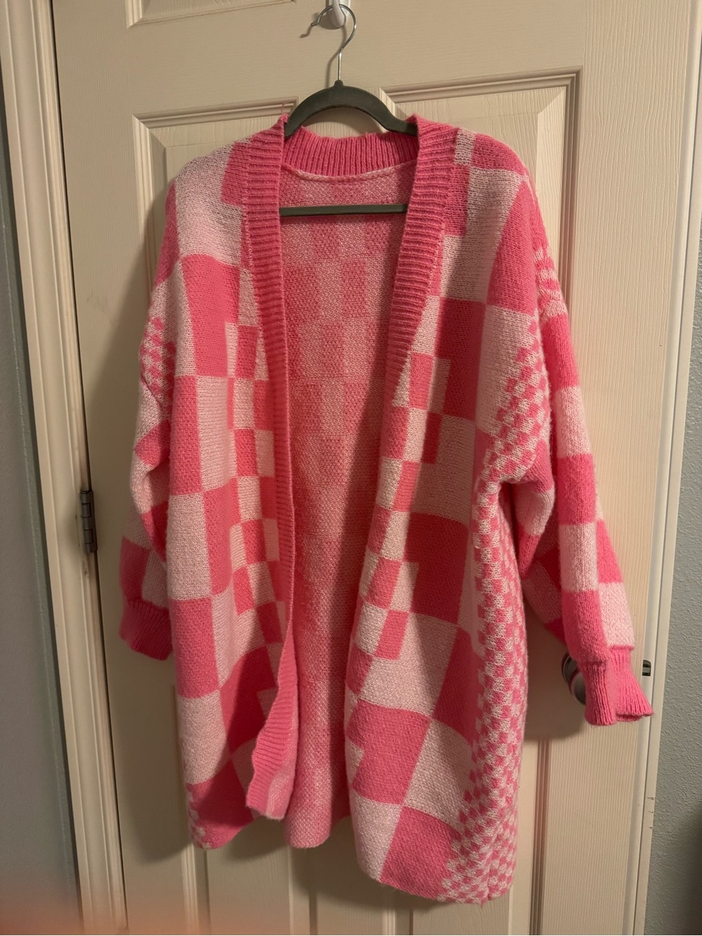 Pink Checkered Open-Front Women's Sweater Cardigan